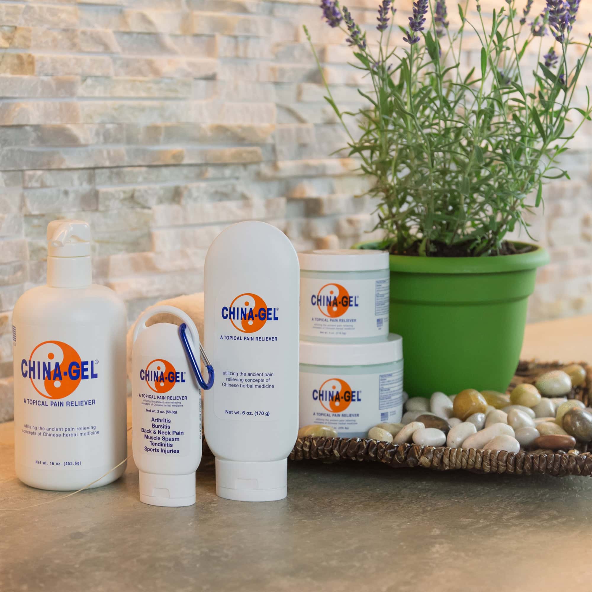 China-gel products next to lavender plant
