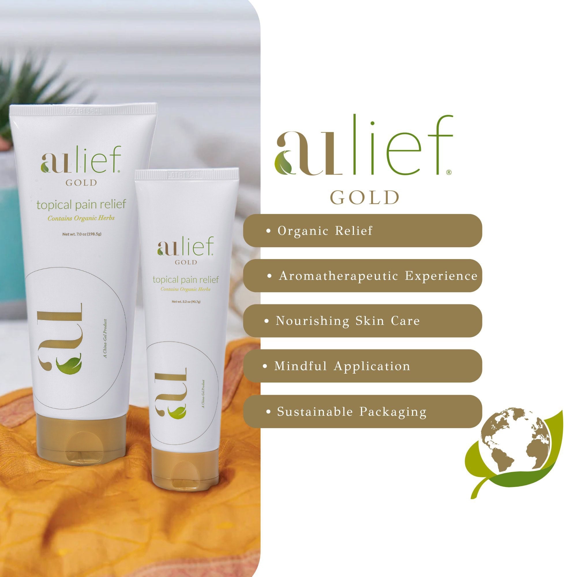image of aulief gold organic pain relief cream 7oz and 3.2 oz tube, with its characteristics: 
- organic relief
- aromatherapeutic experience
- nourishing skin care
- mindful application
- sustainable packaging
