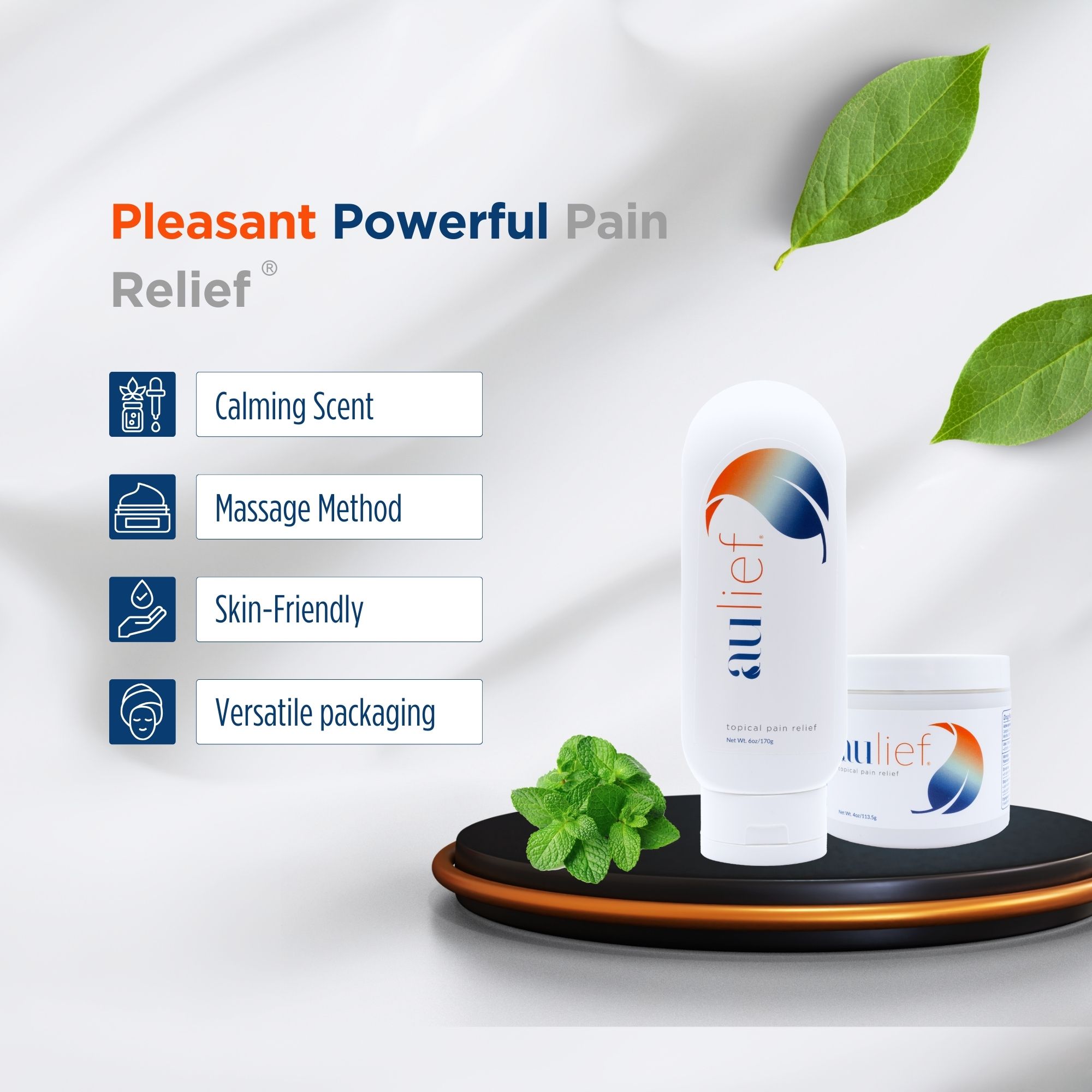 image of aulief topical pain relief cream 6oz and jar with its characteristics next to it: 
- calming scent
- massage method
- skin-friendly
- versatile packaging.