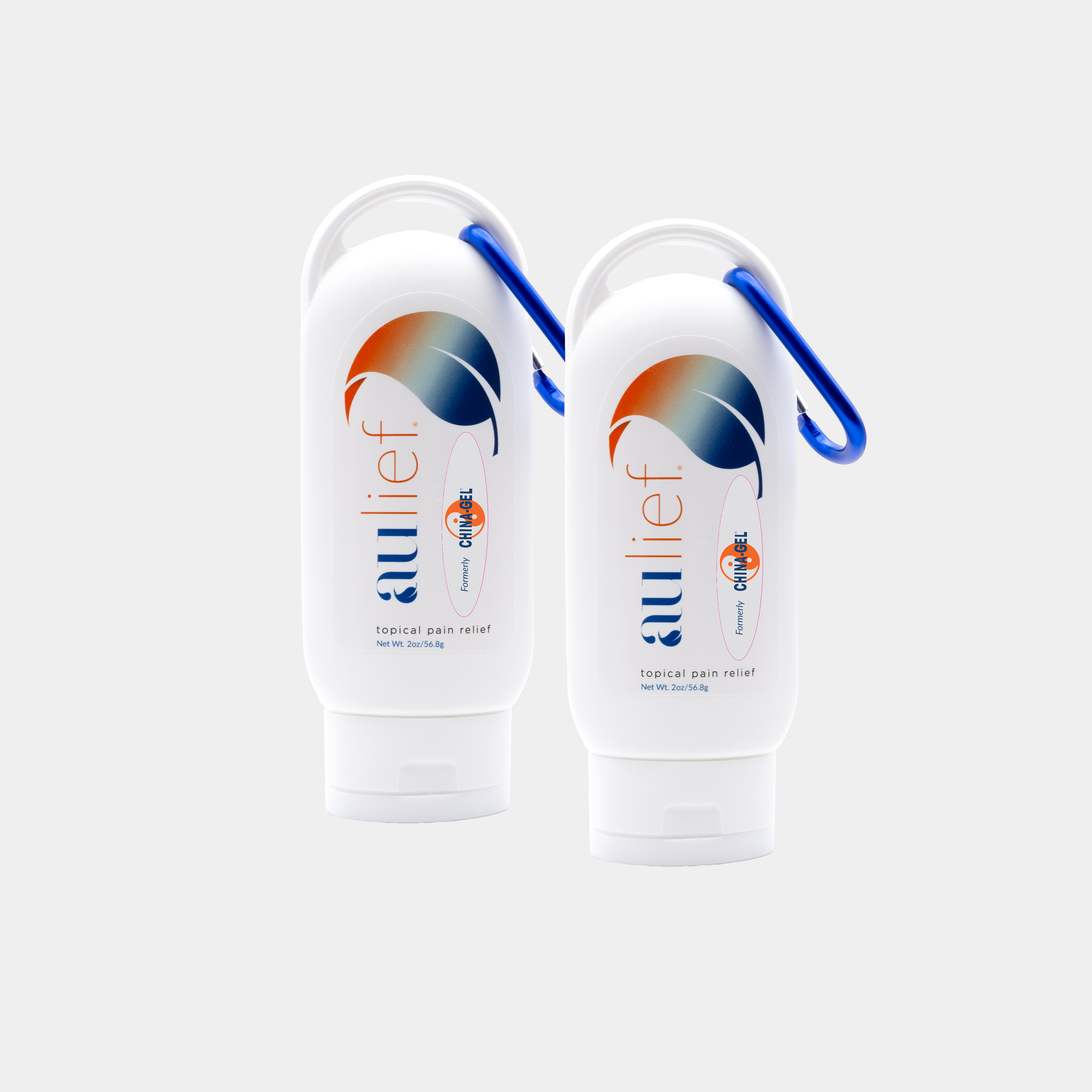 2 aulief 2 oz plastic squeeze bottles with clip with a sticker that says formerly China-Gel.