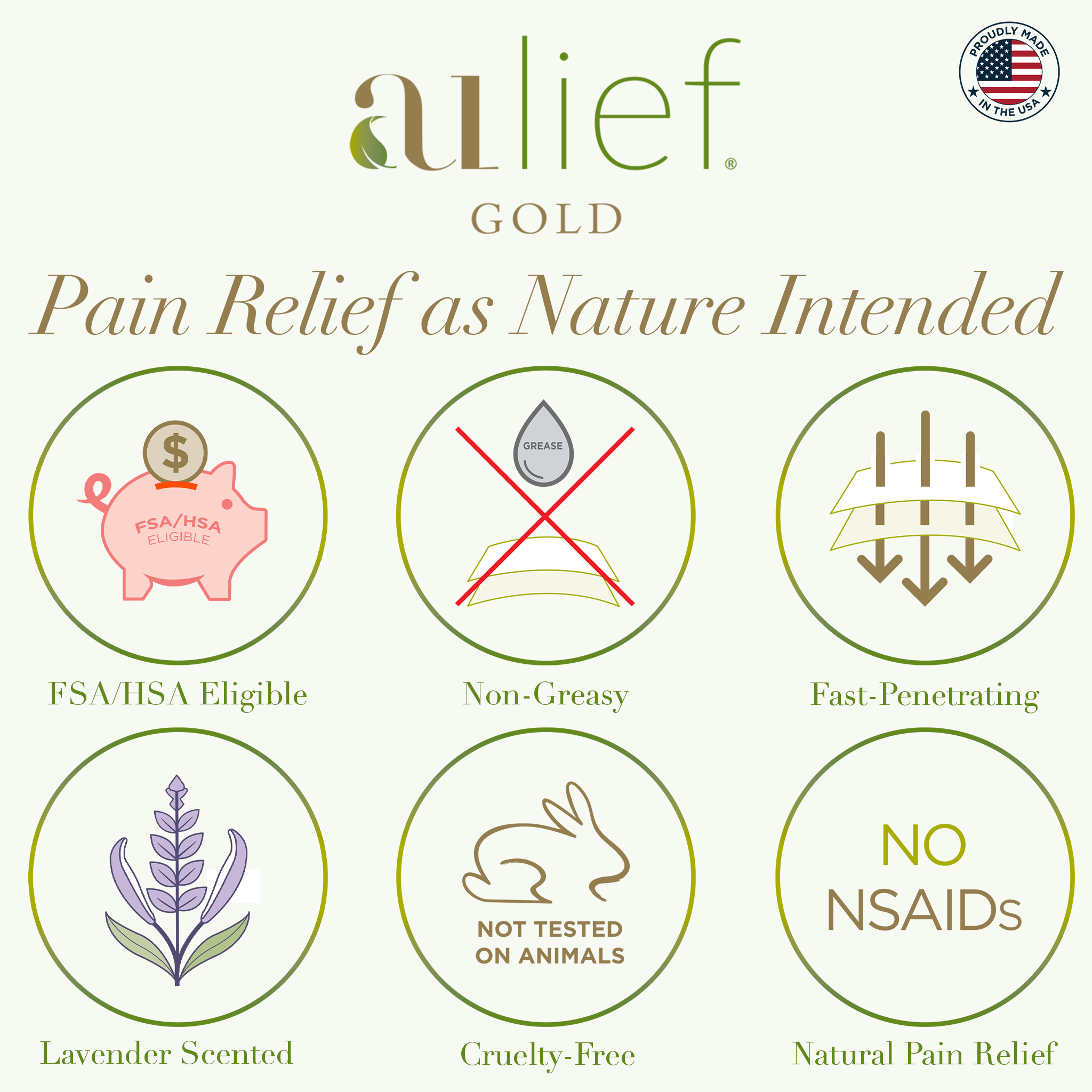 Image with 6 icons with properties of the aulief Gold topical pain relief product: FSA/HSA eligible, non-greasy, fast penetrating, lavender scented, cruelty free, no NSAIDS.