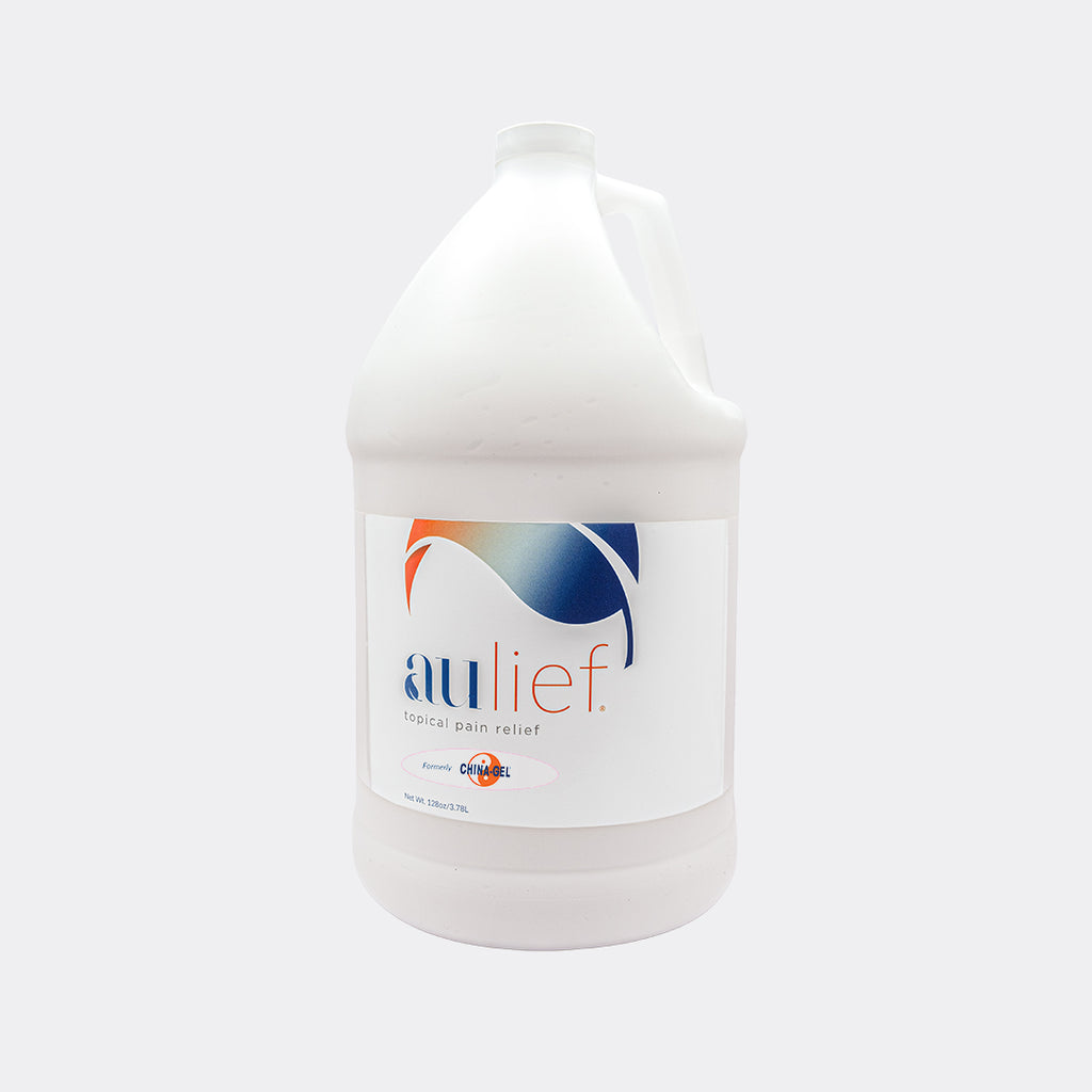 aulief white 1 gallon plastic bottle with a sticker that says formerly China-Gel