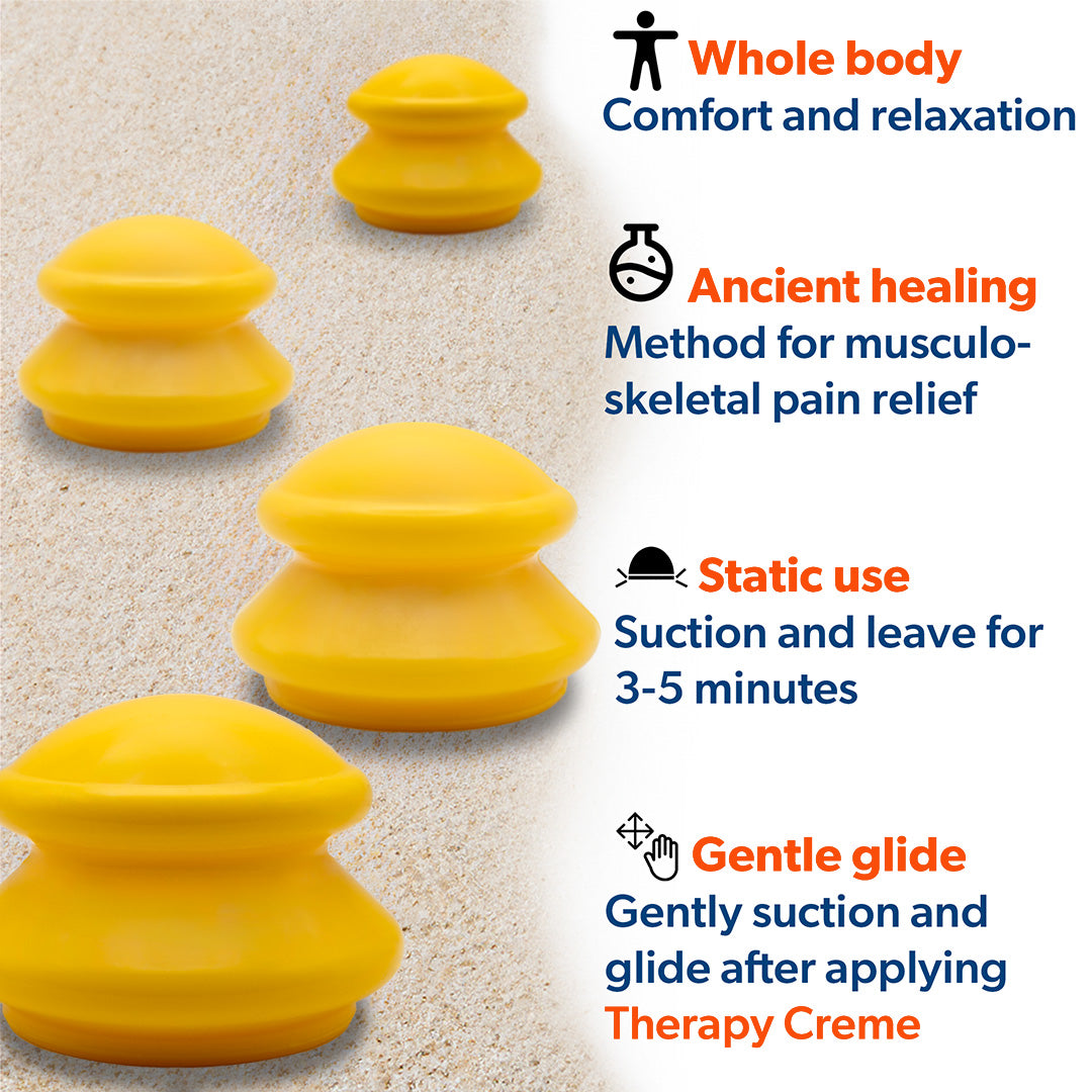 4 yellow cups on sand with 4 characteristics: relaxation for whole body, ancient healing method for musculoskeletal pain and can be used for static use (suction) or glide in combination with therapy creme