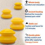 4 yellow cups on sand with 4 characteristics: relaxation for whole body, ancient healing method for musculoskeletal pain and can be used for static use (suction) or glide in combination with therapy creme