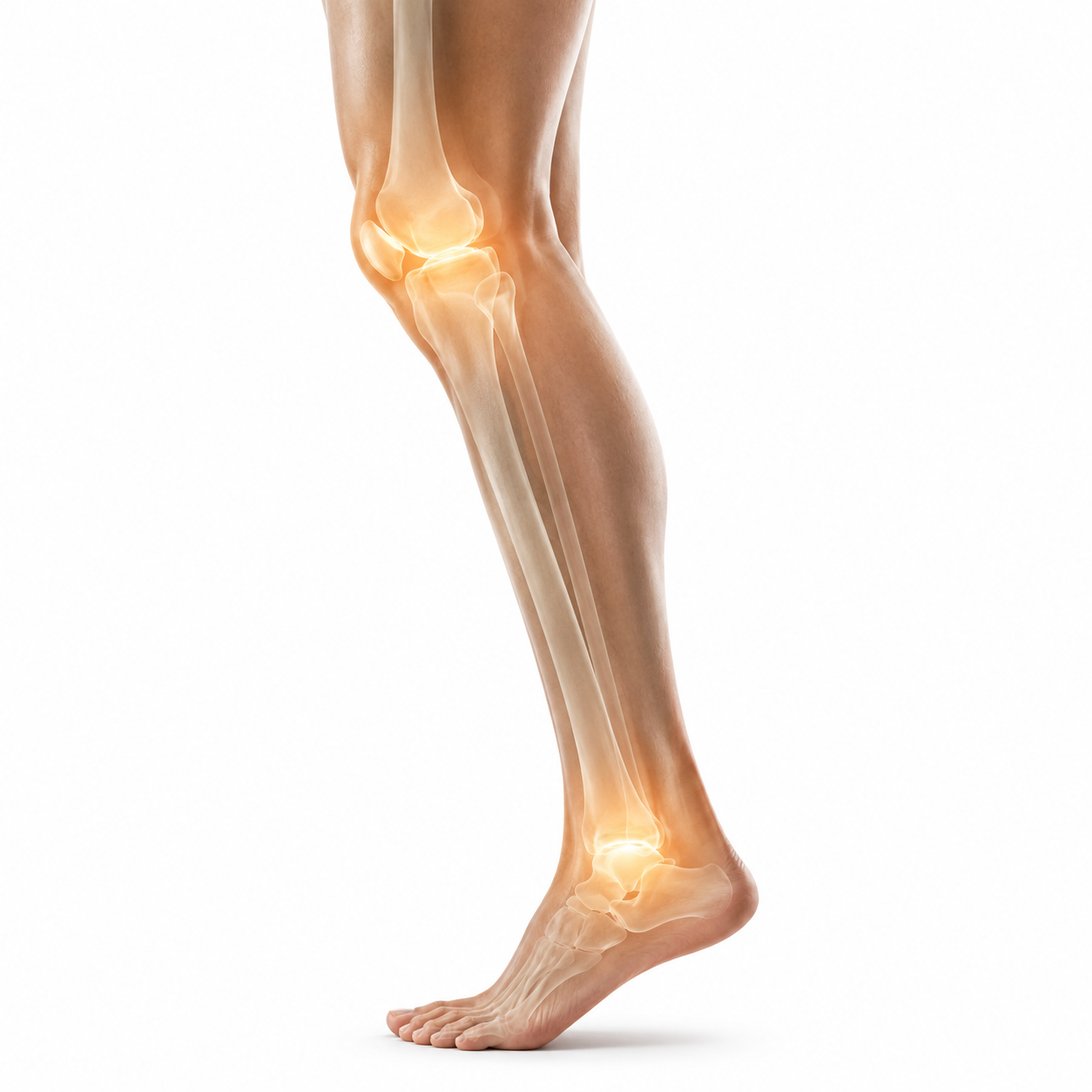 Leg with bone structures. Knee and ankle joint are highlighted
