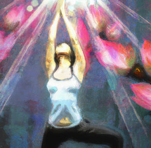 Watercolor image of human in yoga pose with light radiating over hands