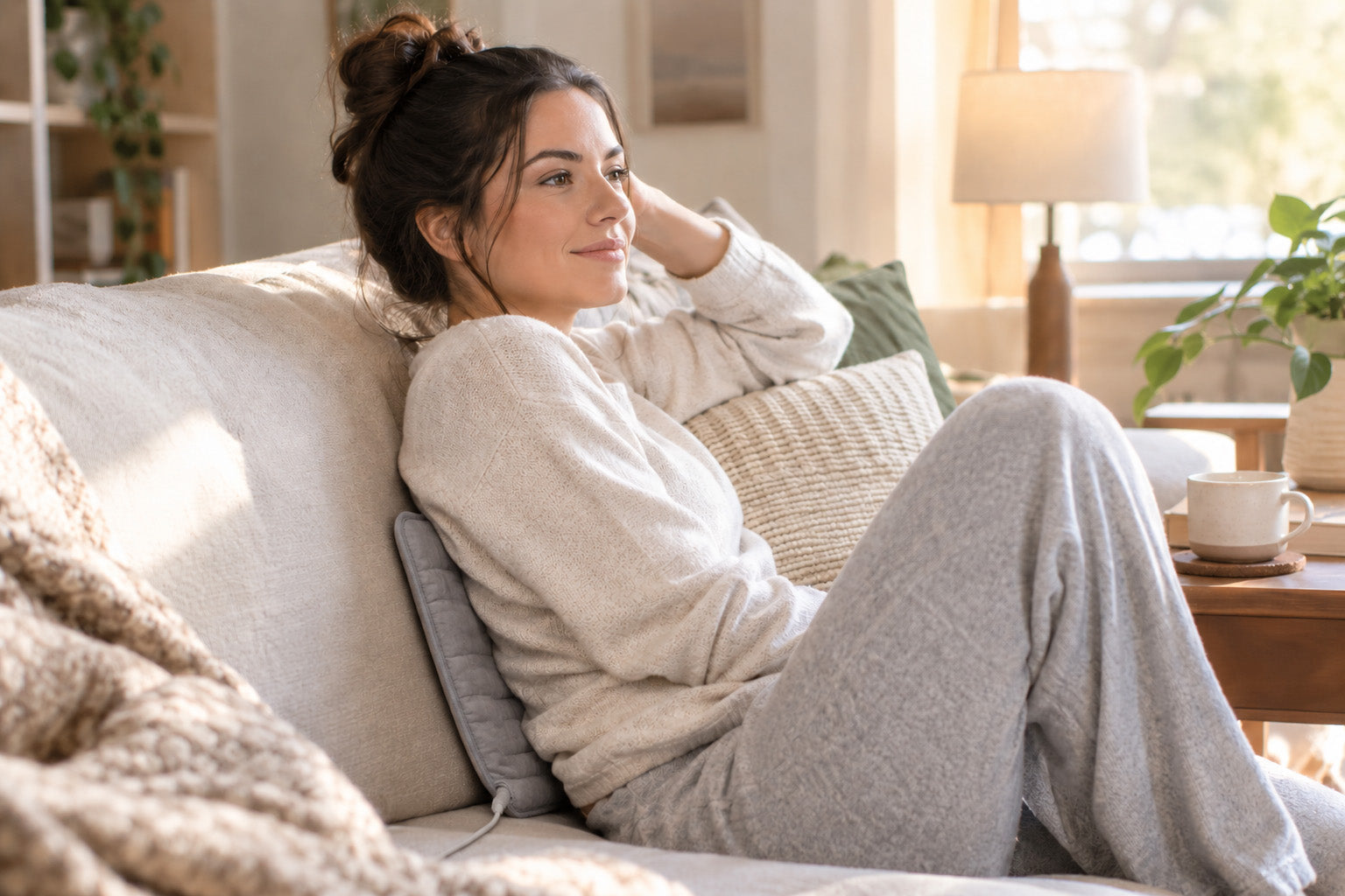 woman on couch with heating pad against her back