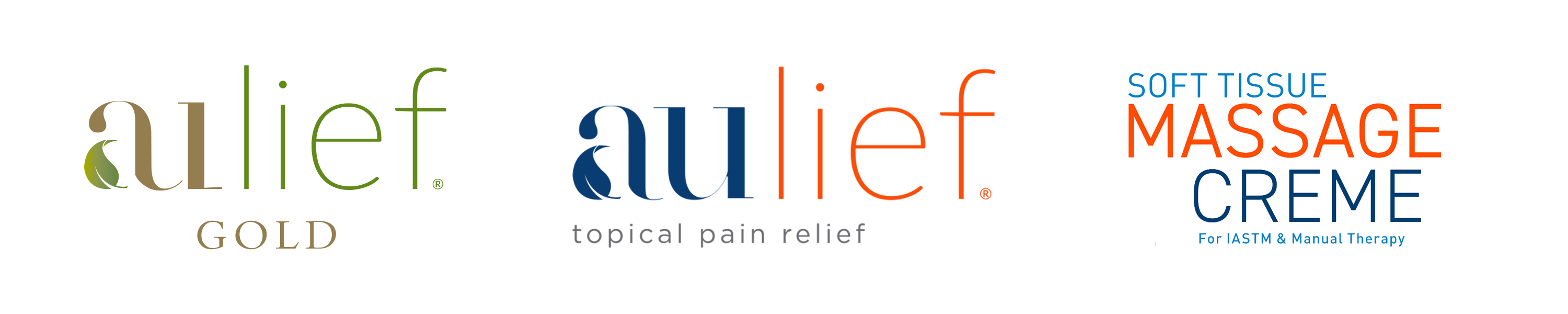 logo's of aulief, aulief Gold and soft tissue therapy creme next to each other