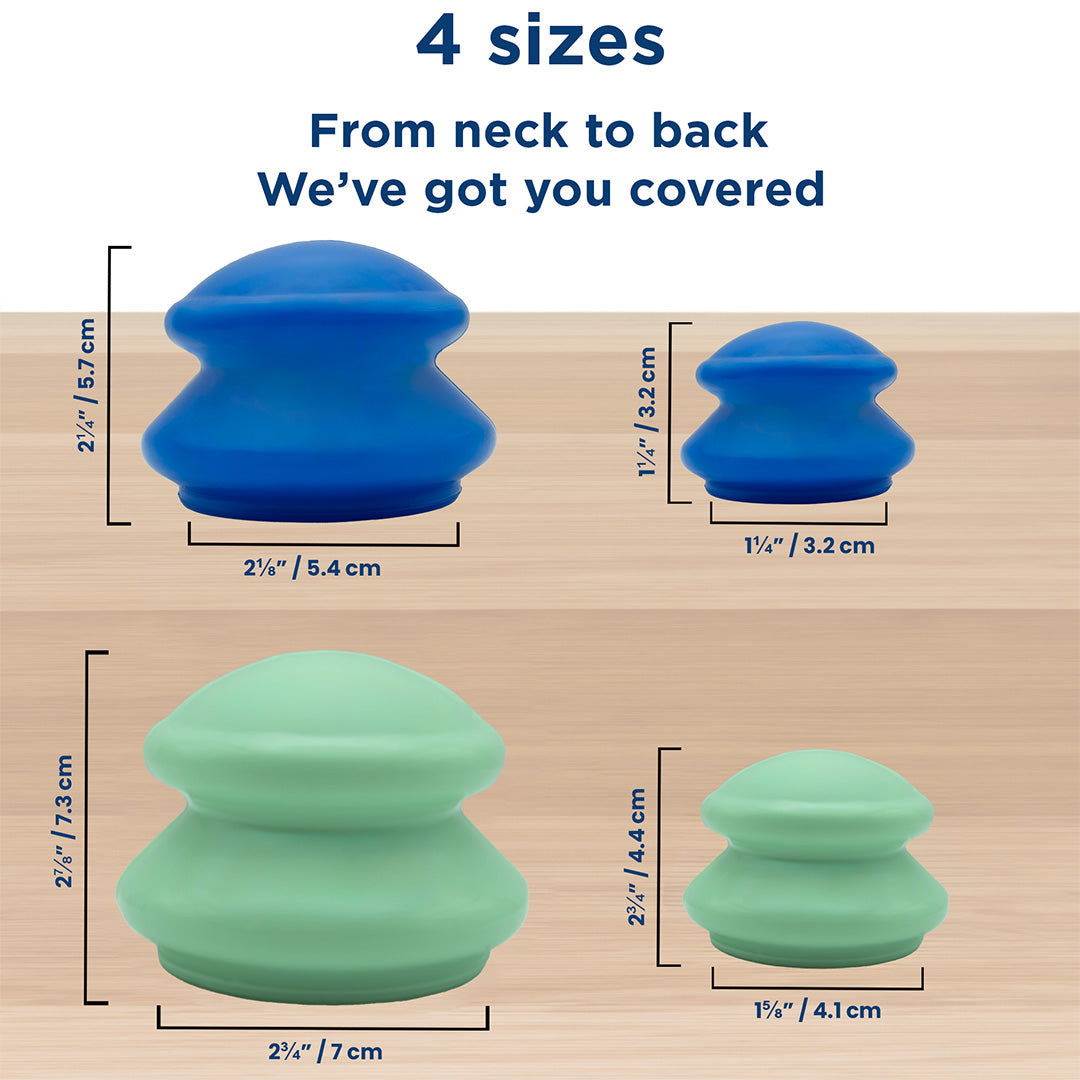 2 blue and 2 mint cups showing the 4 different sizes that comes in the cupping set: 
- 2.25x2.125"
- 1.25x1.25"
- 2.875x2.75"
-2.75x1.625"