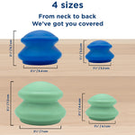2 blue and 2 mint cups showing the 4 different sizes that comes in the cupping set: 
- 2.25x2.125"
- 1.25x1.25"
- 2.875x2.75"
-2.75x1.625"