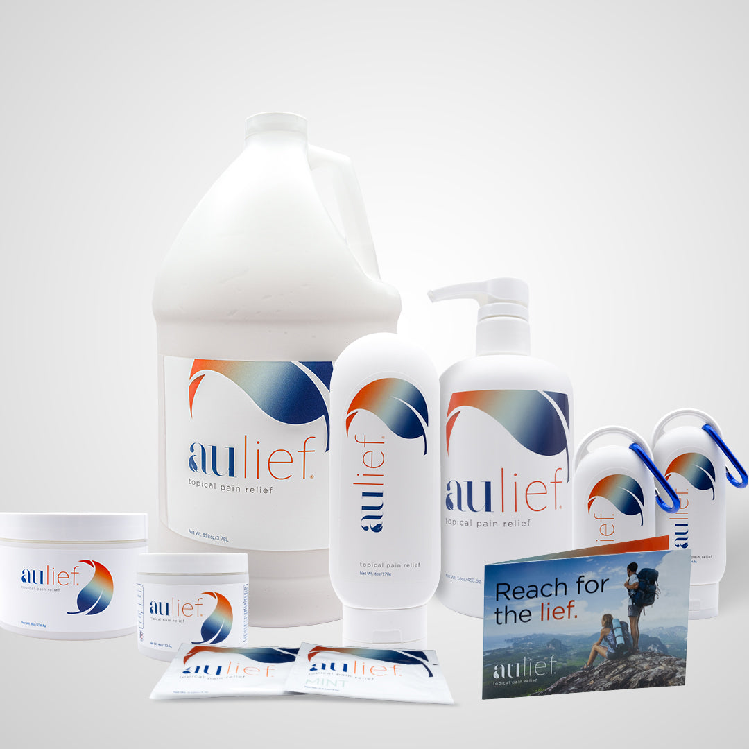 aulief topical pain relief collection including 1 gallon bottle, 16 oz bottle with pump, 8 oz jar, 6 oz squeeze bottle, 4 oz jar, 2 oz squeeze bottle, 0.12 oz packets and a sample card