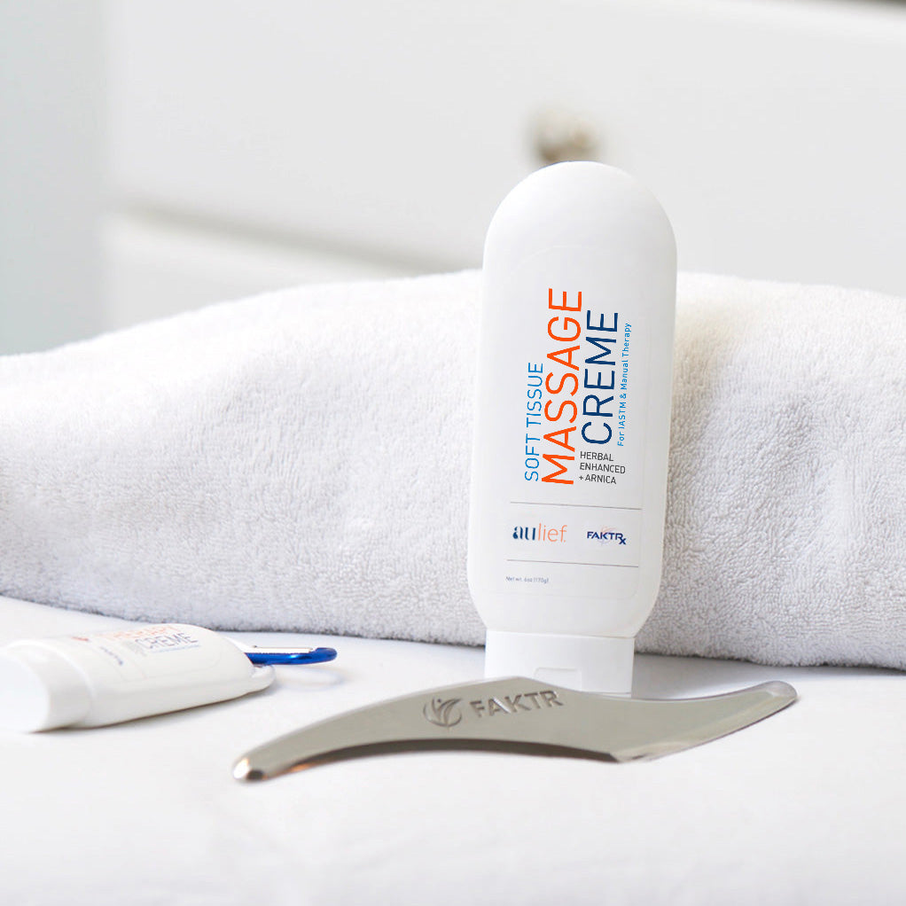 6 oz soft tissue therapy creme with FAKTR tool, towel and 2 oz squeeze bottle