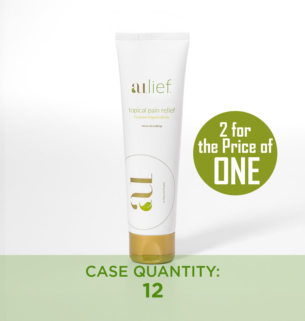 aulief Gold organic pain relief cream 3.2oz tube with text 2 for the price of one, and case quantity: 12