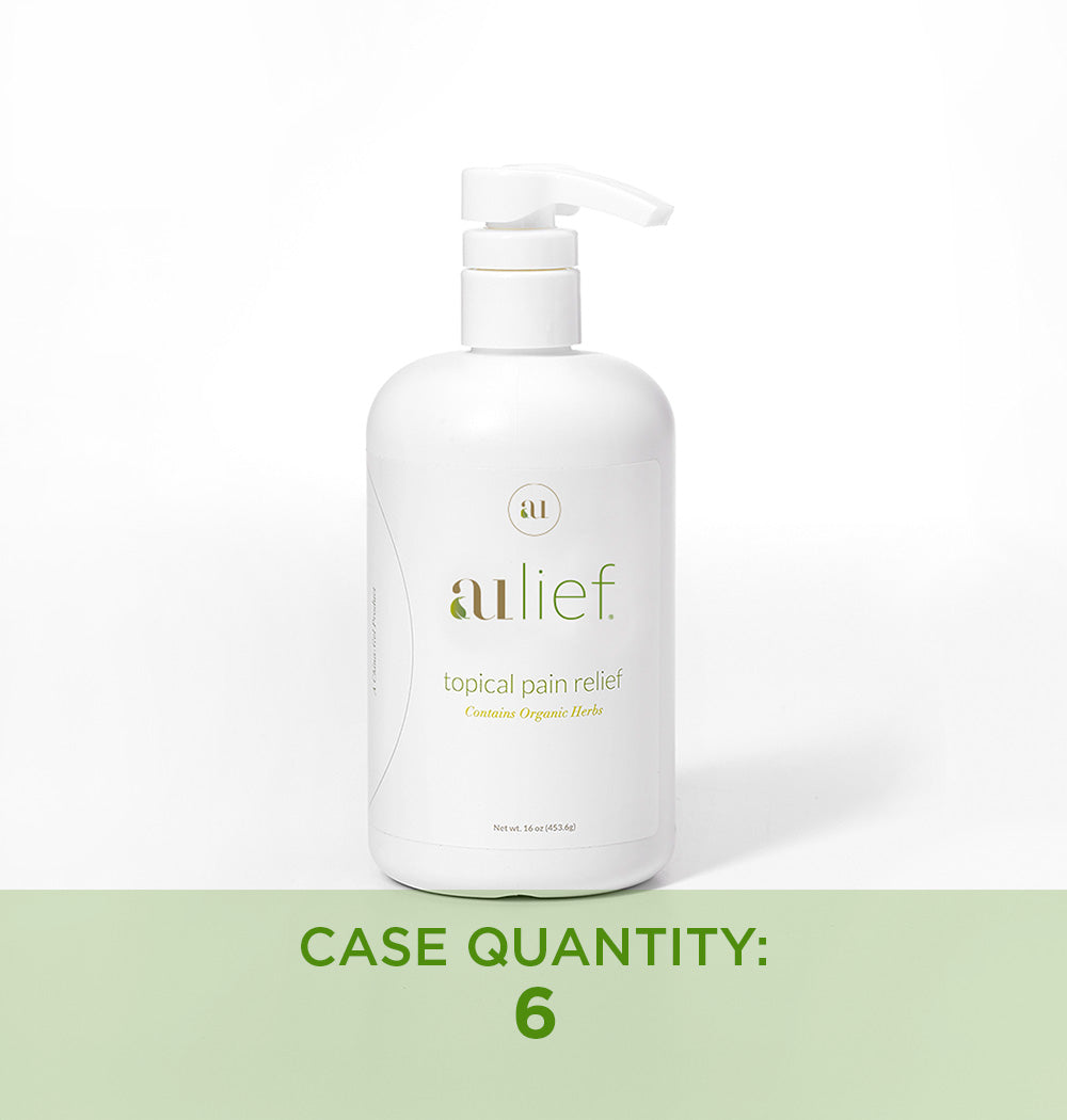 aulief gold organic pain relief cream 16oz bottle with pump with text case quantity: 6