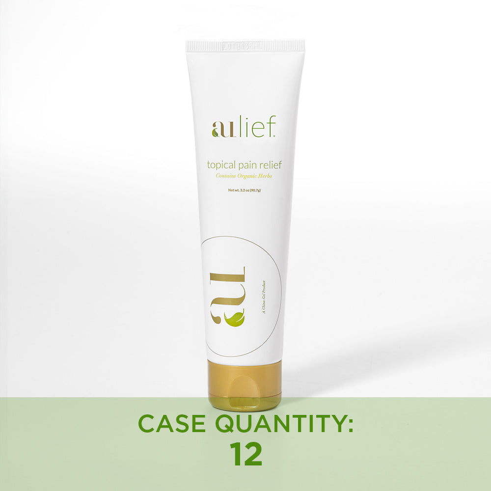 aulief gold organic pain relief cream 3.2oz tube with text case quantity: 12