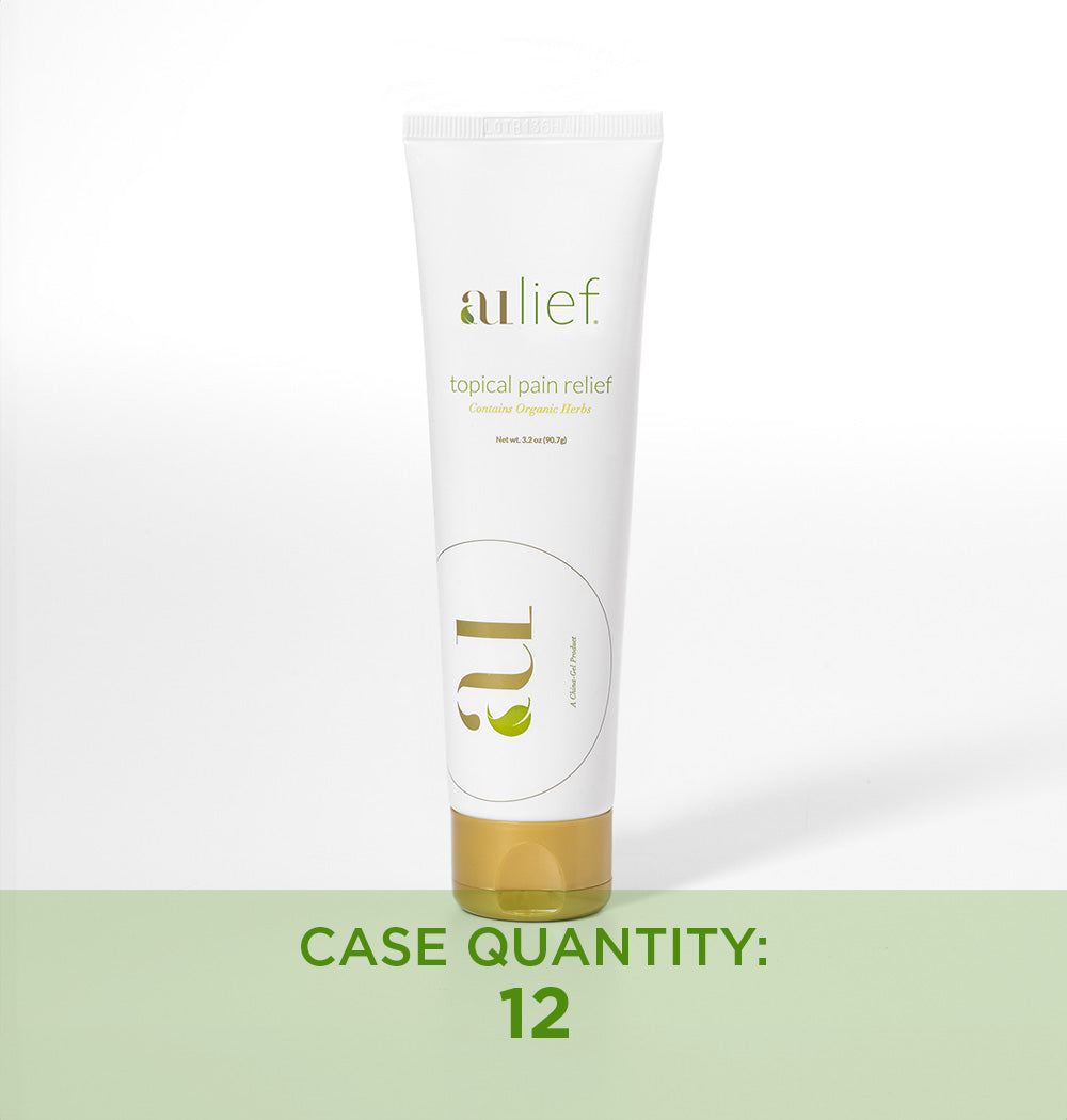 aulief gold organic pain relief cream 3.2oz tube with text case quantity: 12