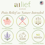 Image with 6 icons with properties of the aulief Gold topical pain relief product: FSA/HSA eligible, non-greasy, fast penetrating, lavender scented, cruelty free, no NSAIDS.