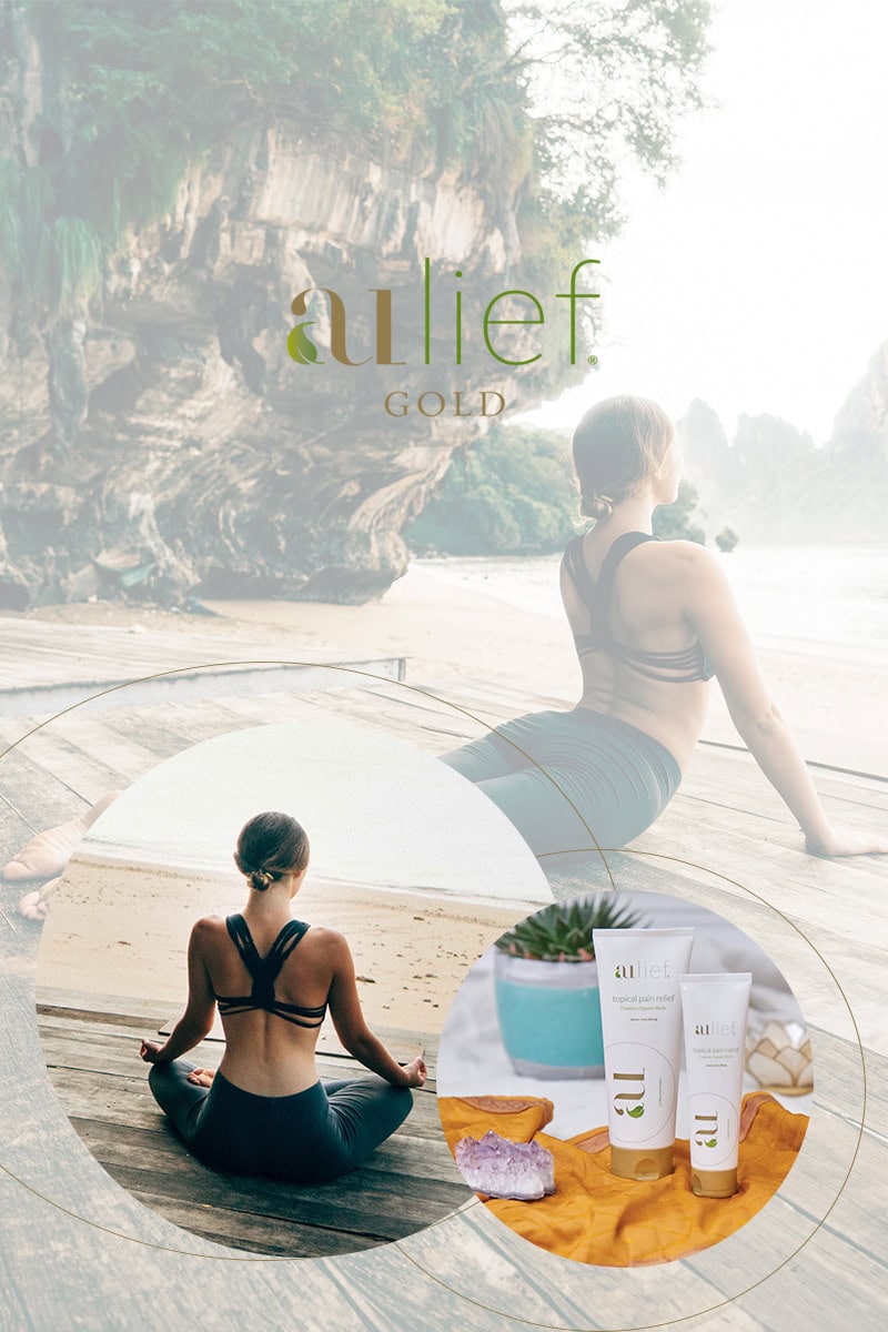 Background of woman in cobrapose with foreground small photo of woman in lotus pose and another photo of aulief Gold 7 oz and 3.2 oz.