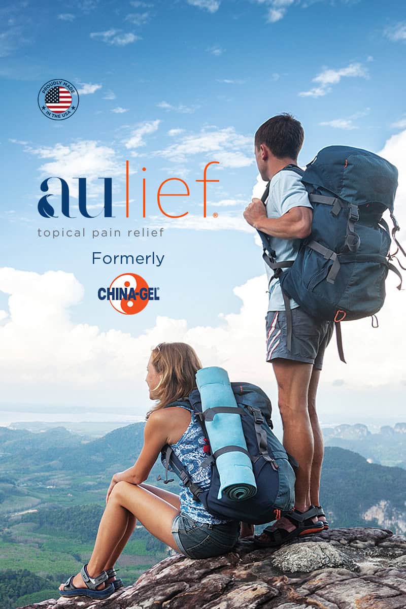 aulief formerly China-Gel: Reach for the lief. Image showing 2 hikers on mountaintop overlooking view. 