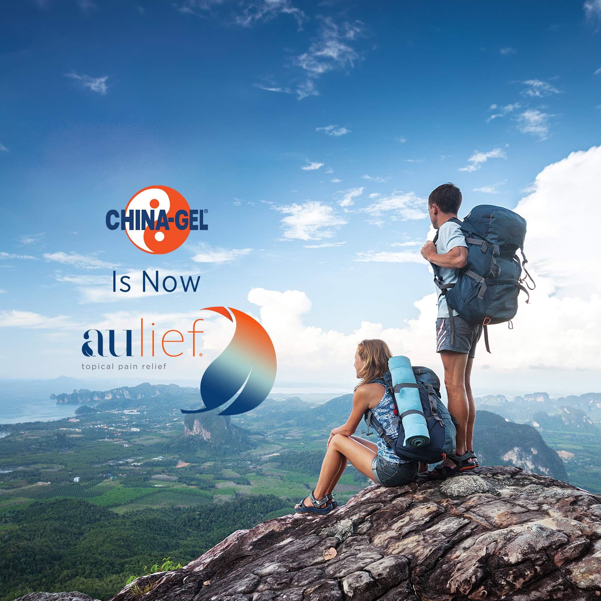 2 people standing on top of mountain looking at view, with text chinagel is now aulief next to it 