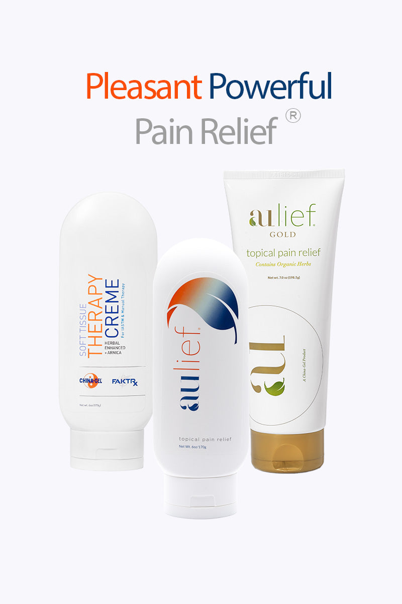 Image showing soft tissue therapy creme massage cream 6oz tottle, aulief topical pain relief cream 6oz tottle, and aulief gold organic pain relief cream 7oz tube.