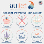 Image with 6 icons with properties of the aulief topical pain relief product: FSA/HSA eligible, non-greasy, fast penetrating, lavender scented, cruelty free, no NSAIDS.