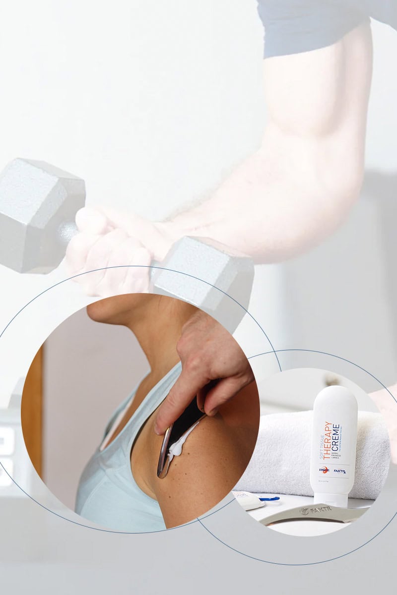 Background image of someone using dumbbells, with smaller photo of woman getting IASTM treatment using therapy creme and other photo of 6oz soft tissue Therapy Creme with IASTM tool.