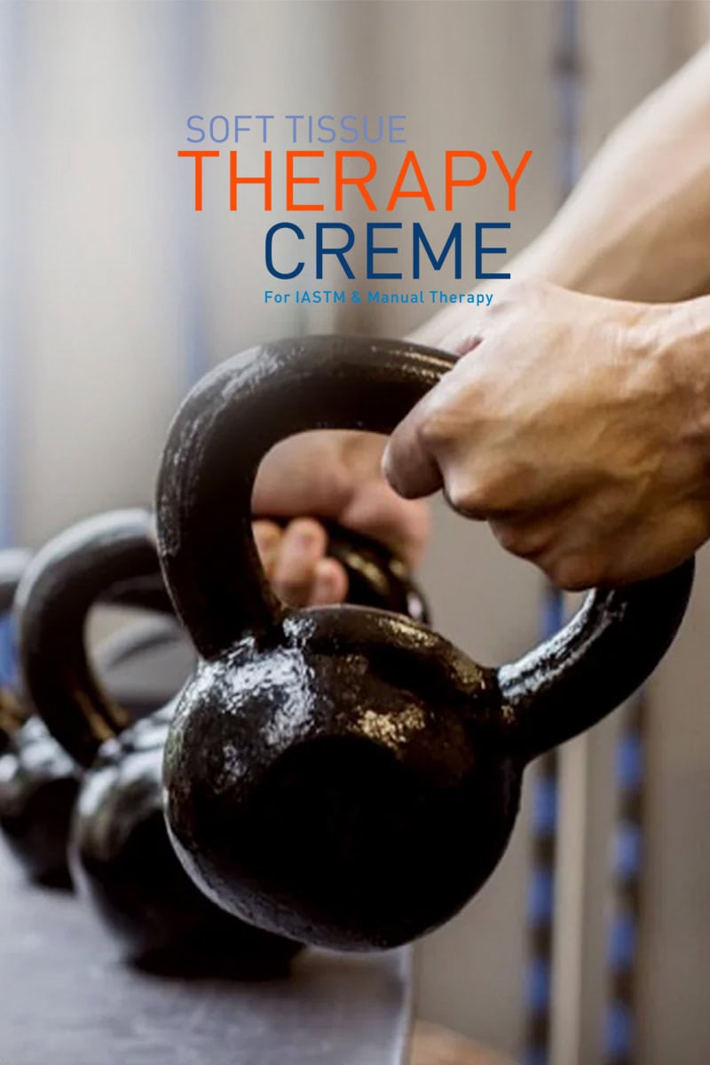 Soft tissue therapy creme: the innovator in sports rehab. Image showing 2 hands getting 2 kettlebells.